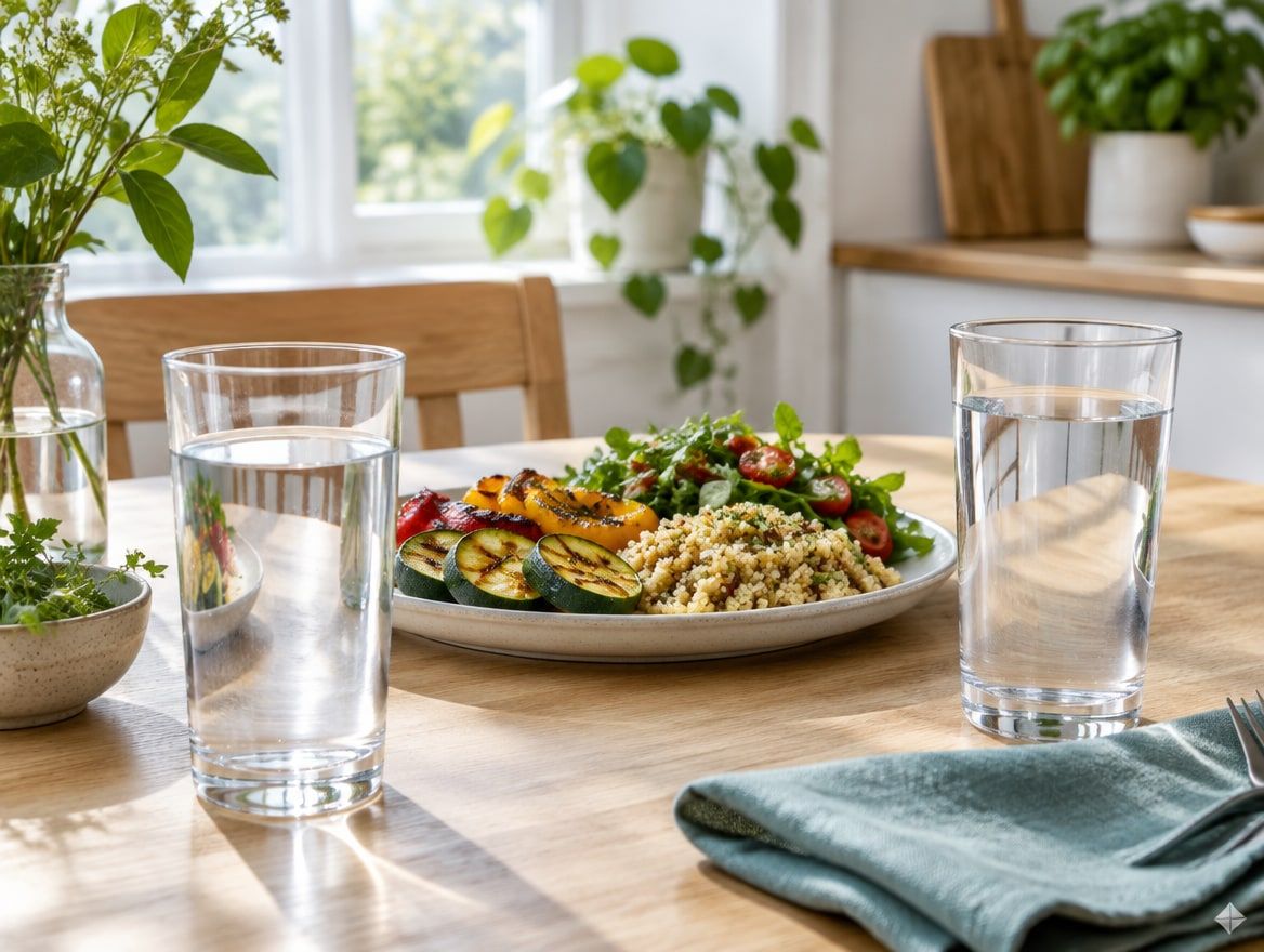 Illustration: två glas vatten bredvid en lunch